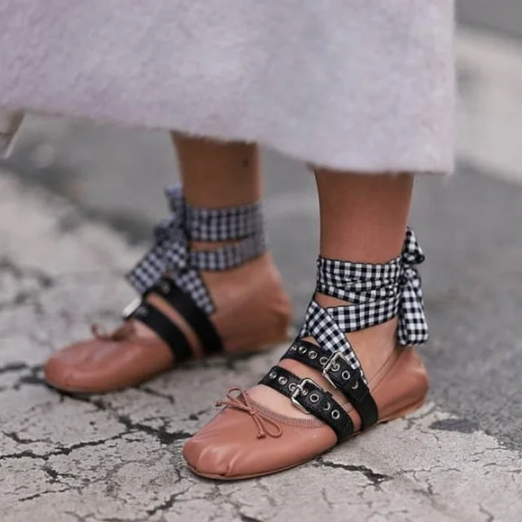 Miu Miu Balletcore Tie Up Belted Leather Ballerina Flats - Picture 2 of 15